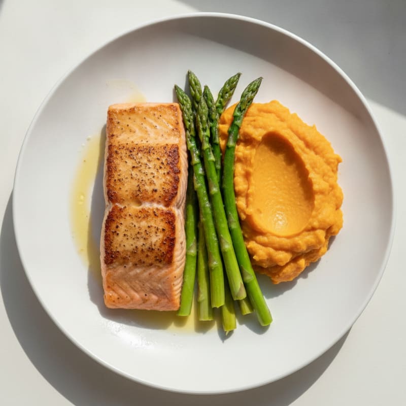 Seared Salmon with Steamed Asparagus and Sweet Potato Mash