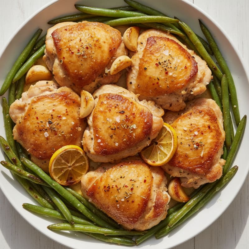 Roasted Lemon-Garlic Chicken Thighs with Blistered Green Beans