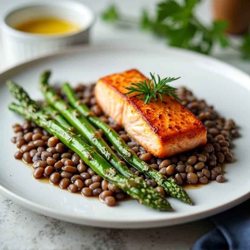 Seared Salmon with Steamed Asparagus and Lentil Mash
