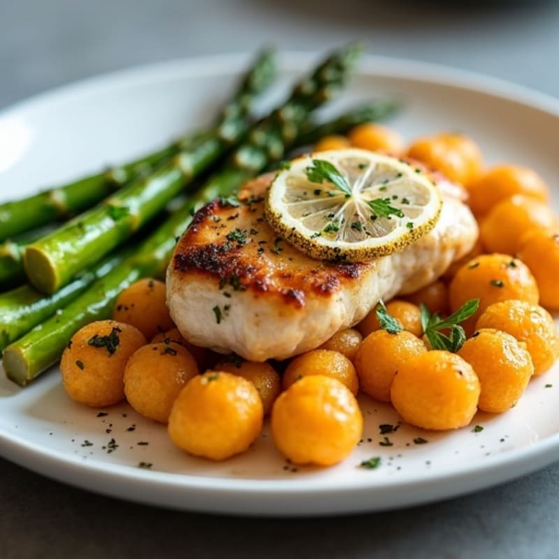 Lemon-Herb Pan-Seared Chicken with Crispy Sweet Potato Gnocchi and Roasted Asparagus