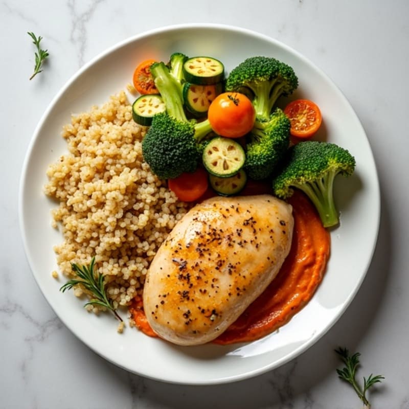 Lemon Herb Chicken with Creamy Roasted Red Pepper Hummus and Crispy Roasted Vegetables
