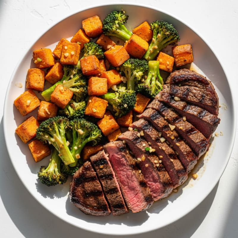 Grilled Steak with Roasted Sweet Potatoes and Garlic Broccoli