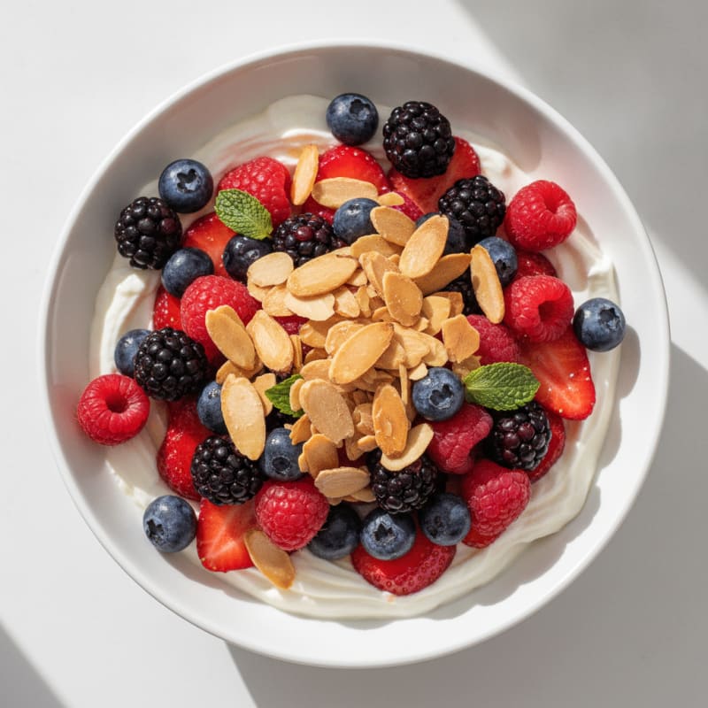 Greek Yogurt Protein Parfait with Mixed Berries and Almonds