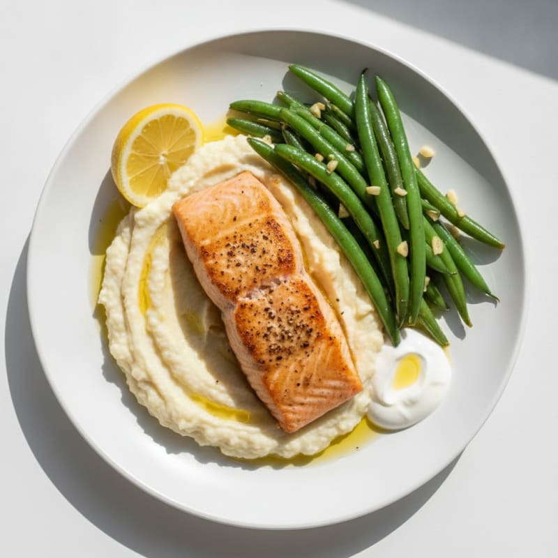 Seared Salmon with Creamy Cauliflower Mash and Sautéed Green Beans