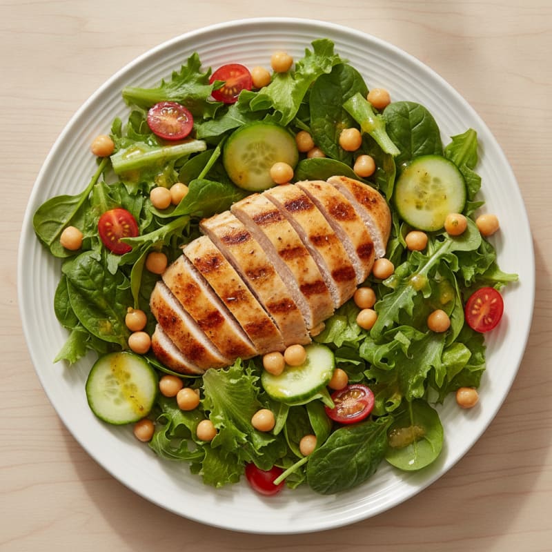 Grilled Chicken Breast Salad with Mixed Greens and Chickpeas