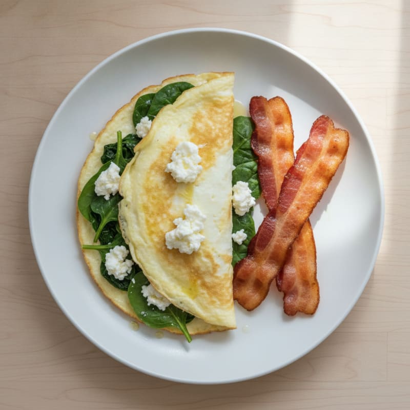 Egg White Spinach Omelette with Cottage Cheese and Turkey Bacon
