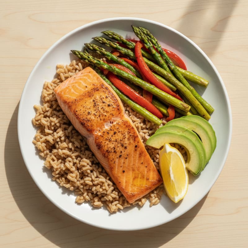 Seared Salmon with Roasted Vegetables and Brown Rice
