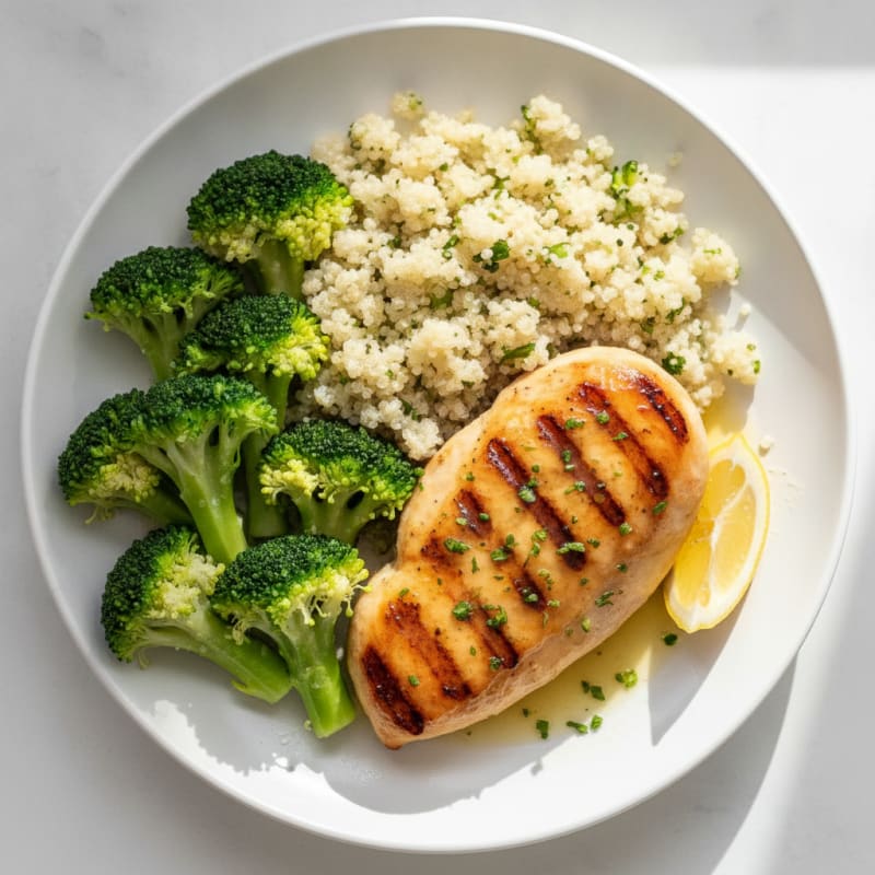 Grilled Chicken Breast with Steamed Broccoli and Quinoa