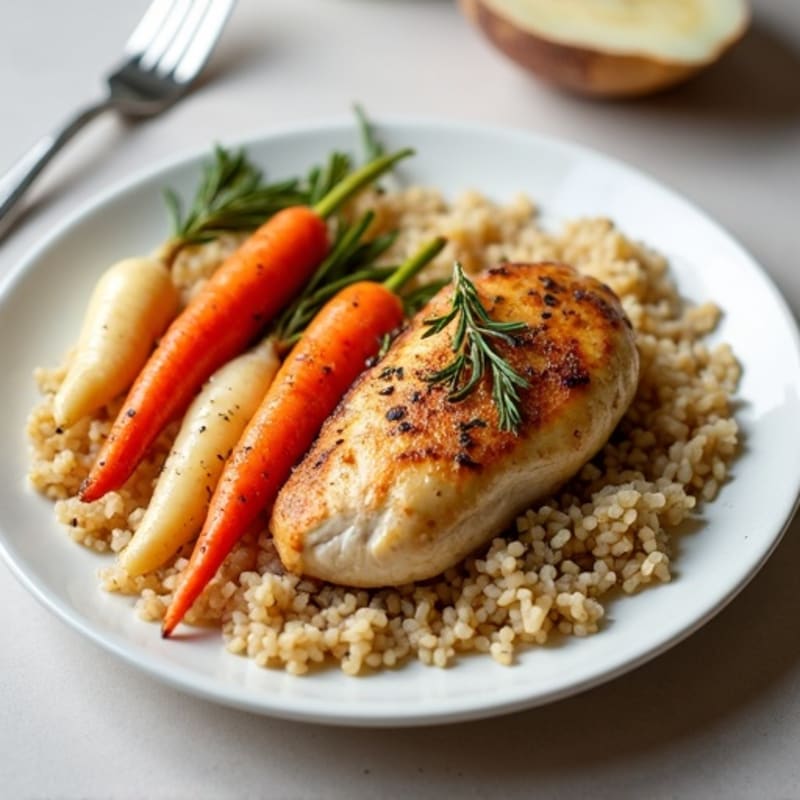 Herb-Baked Chicken with Roasted Root Vegetables and Fluffy Brown Rice
