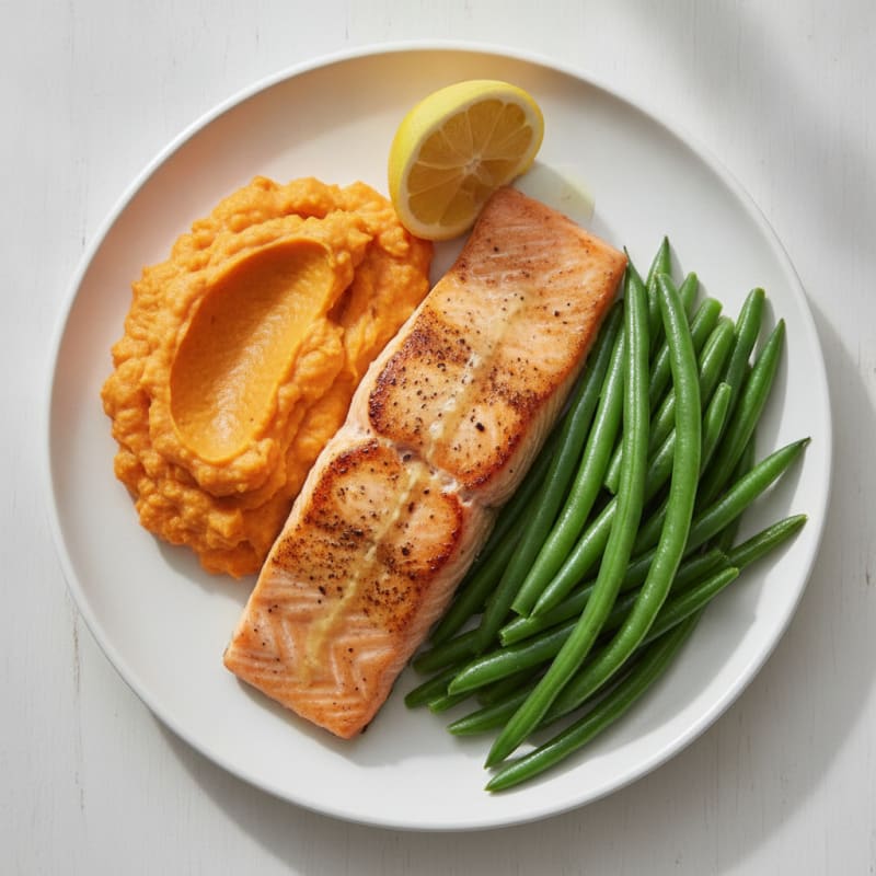 Seared Salmon Fillet with Steamed Green Beans and Sweet Potato Mash