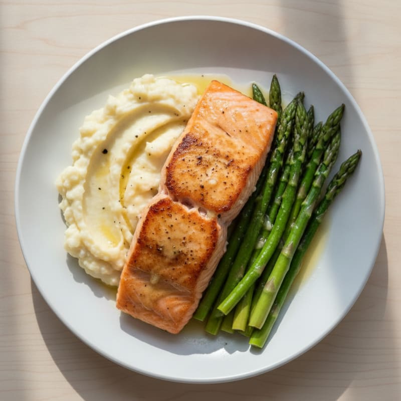 Seared Salmon with Steamed Asparagus and Garlic Mashed Cauliflower