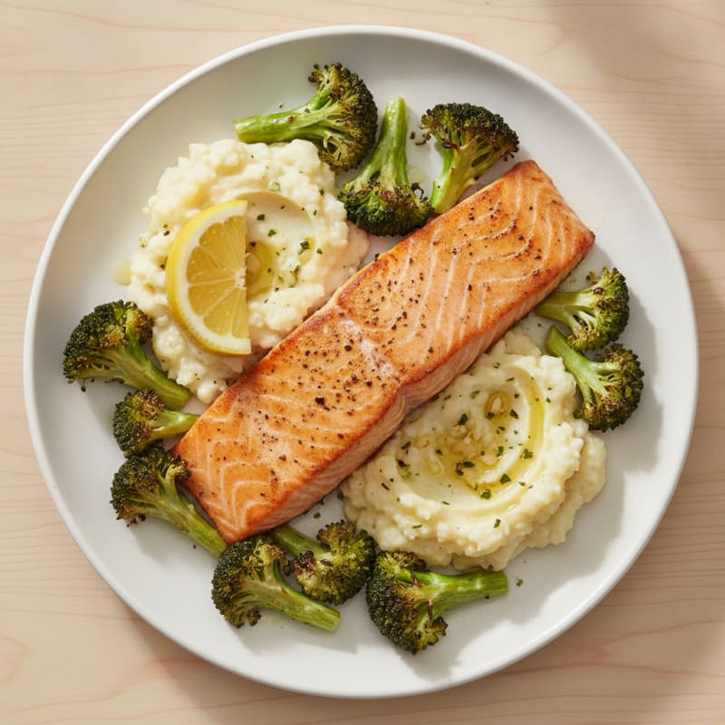 Seared Salmon Fillet with Roasted Broccoli and Garlic Mashed Cauliflower