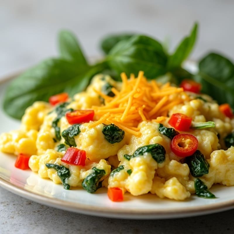 Fluffy Cheesy Egg Scramble with Fresh Spinach and Bell Peppers