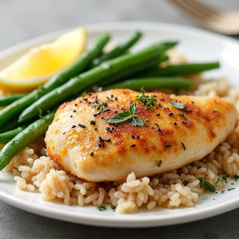 Lemon-Herb Roasted Chicken with Fluffy Brown Rice and Crispy Green Beans