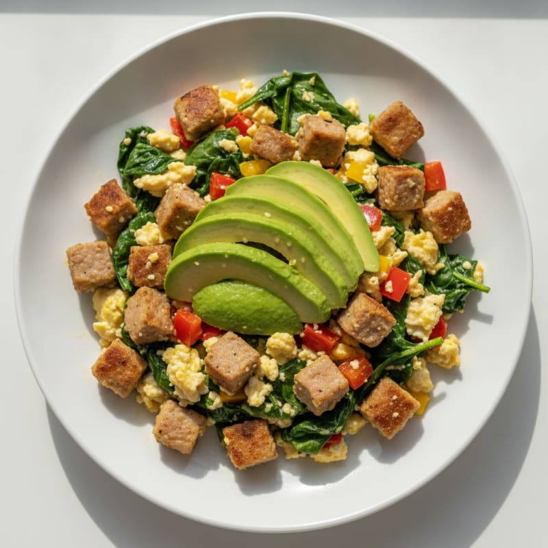 Egg White and Turkey Sausage Scramble with Spinach and Bell Peppers