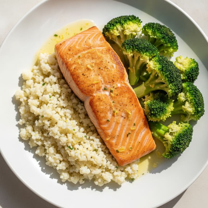 Seared Salmon with Steamed Broccoli and Cauliflower Rice