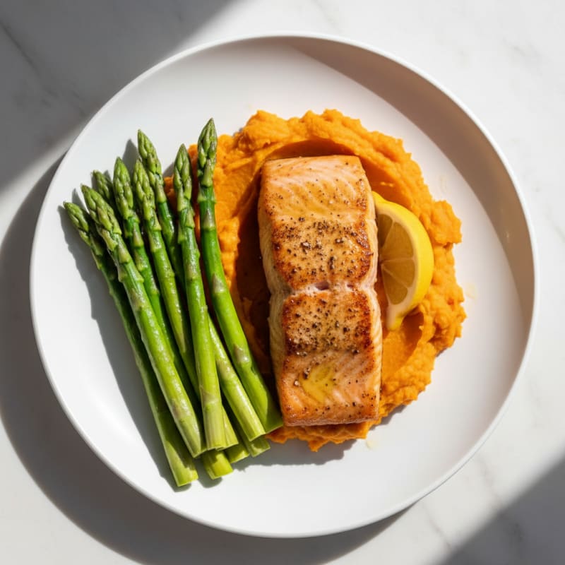 Seared Salmon Fillet with Steamed Asparagus and Sweet Potato Mash