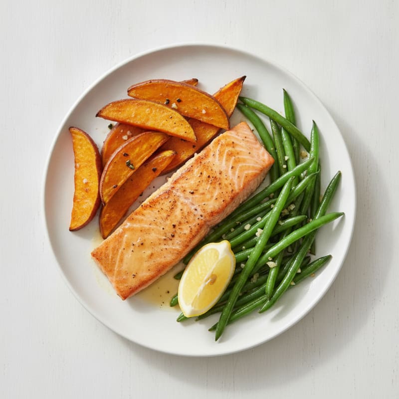 Seared Salmon with Roasted Sweet Potato and Garlic Green Beans