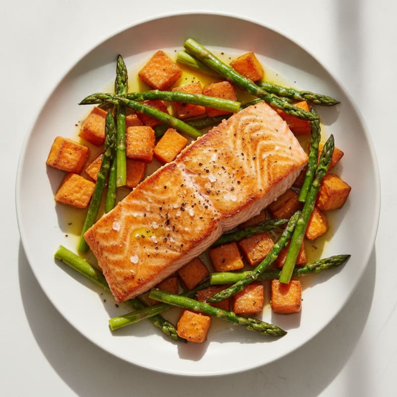 Seared Salmon Filet with Roasted Sweet Potatoes and Asparagus