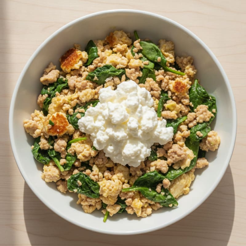 Egg White and Turkey Spinach Scramble with Cottage Cheese