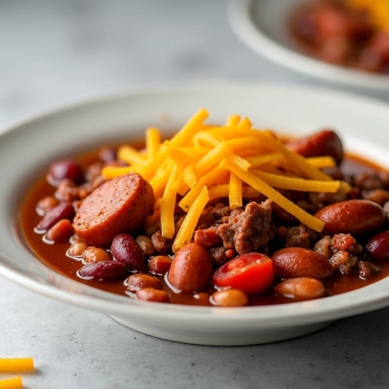 Turkey Sausage with Hearty Lean Beef and Bean Chili and Sharp Cheddar