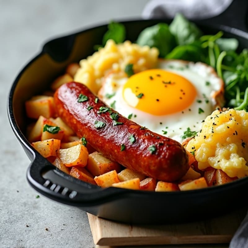 Chicken Sausage and Crispy Potato Skillet with Scrambled Eggs and Fresh Greens