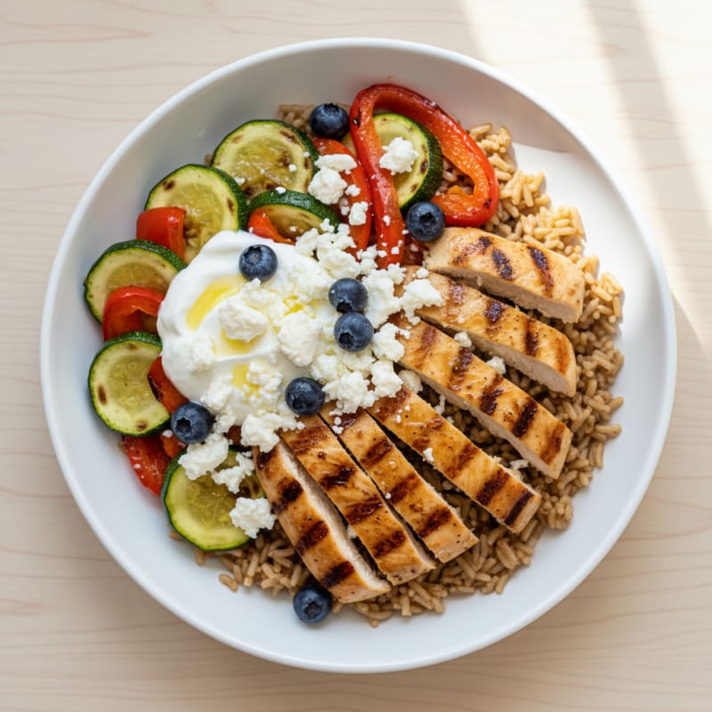 Grilled Chicken and Vegetable Rice Bowl with Feta