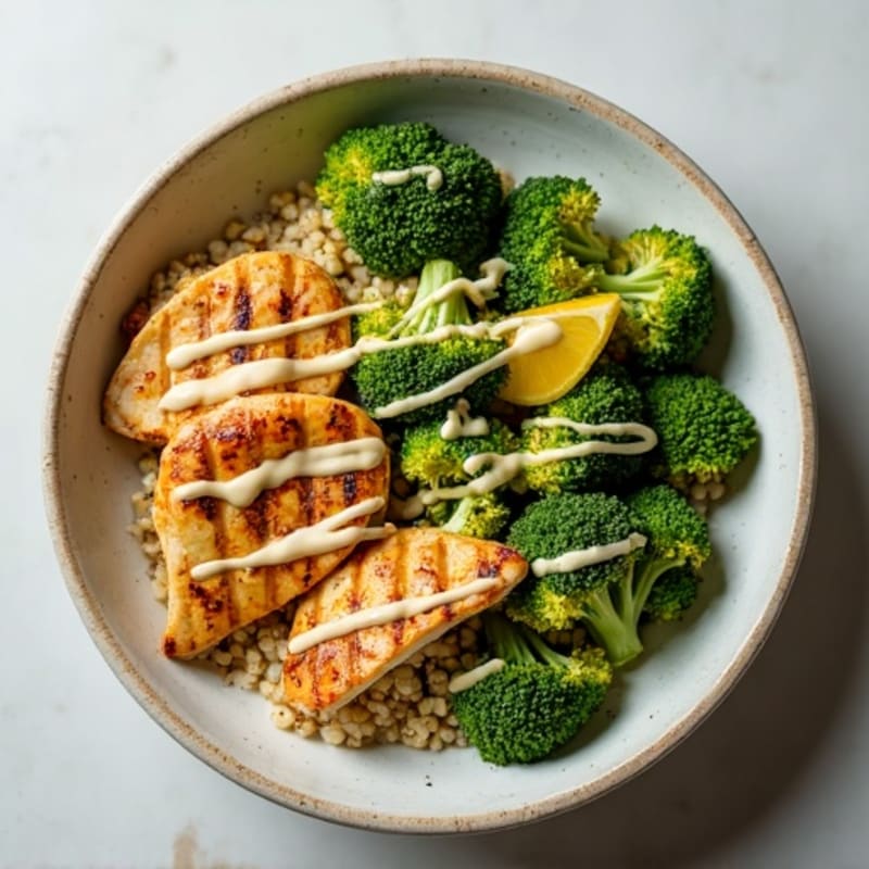 Grilled Chicken and Quinoa Bowl with Roasted Broccoli and Lemon Tahini Drizzle