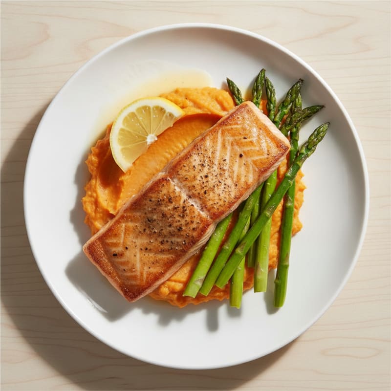 Seared Salmon Fillet with Roasted Asparagus and Sweet Potato Mash