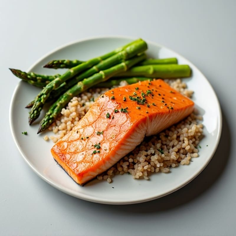 Seared Salmon Fillet with Steamed Asparagus and Brown Rice