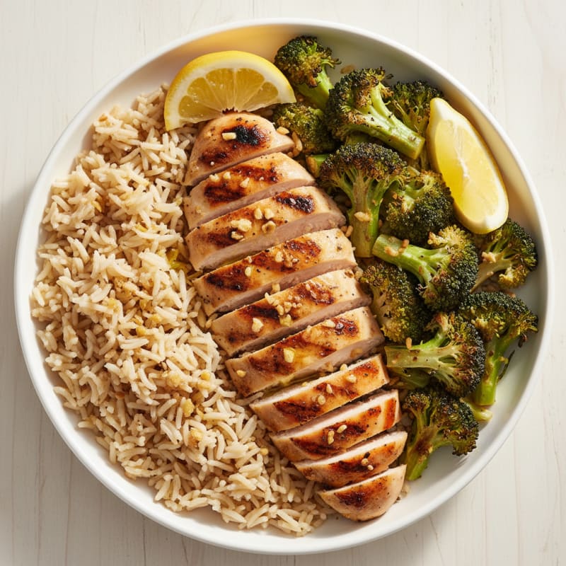 Grilled Chicken and Rice Bowl with Roasted Broccoli