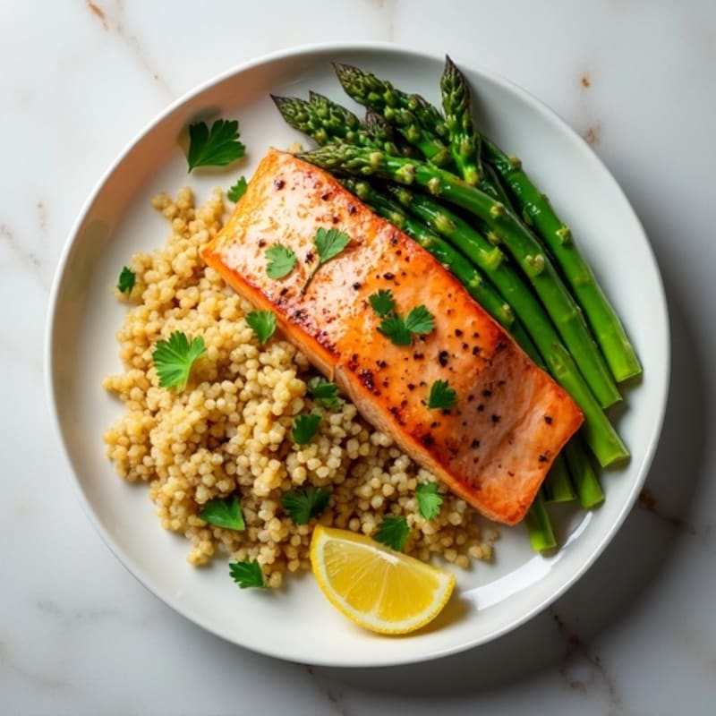 Seared Salmon with Lemon Herb Quinoa and Steamed Asparagus