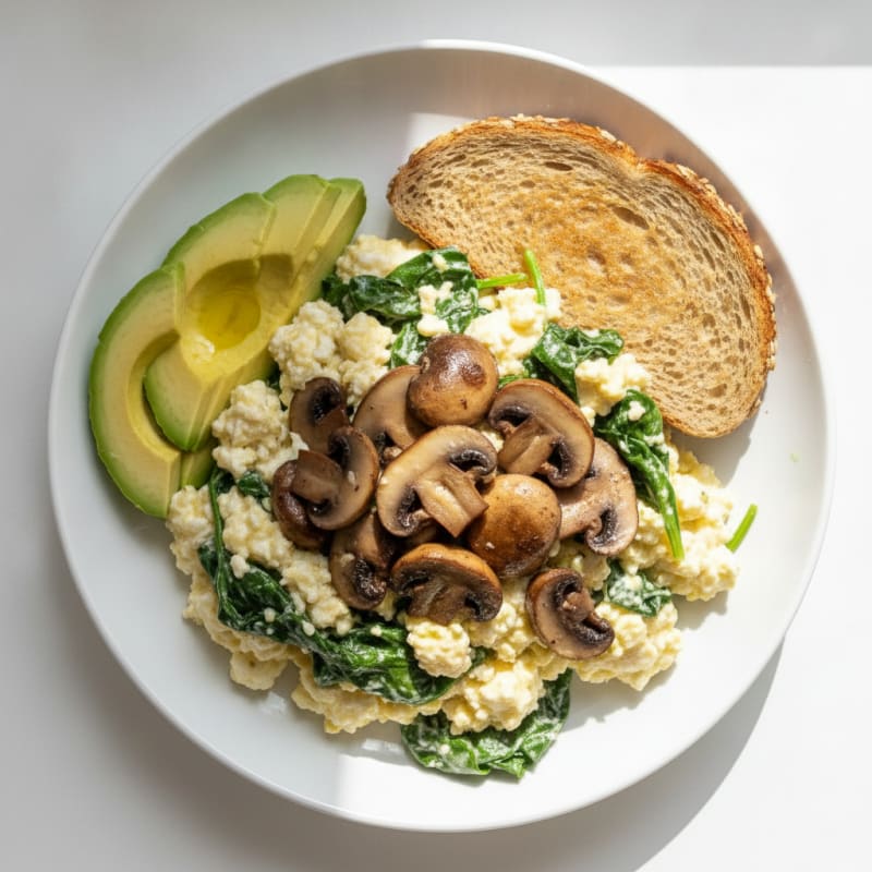 Cottage Cheese Scramble with Spinach and Sautéed Mushrooms