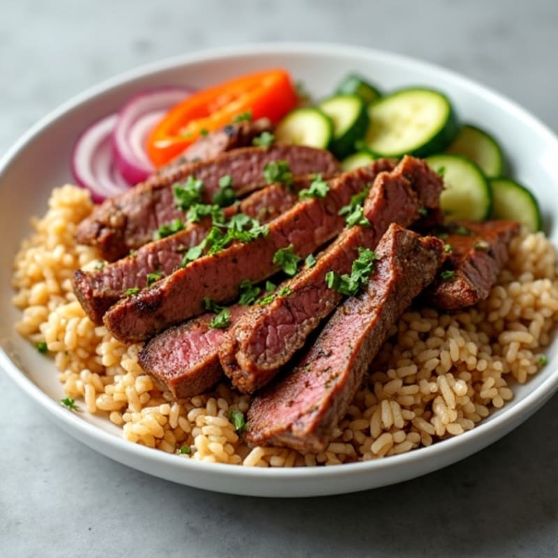 Seared Ginger-Garlic Beef with Brown Rice and Crispy Vegetables