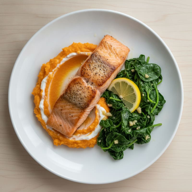 Seared Salmon Fillet with Garlic Spinach and Sweet Potato Mash