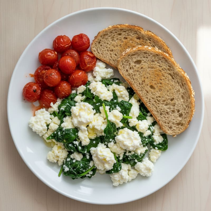 Egg White and Spinach Scramble with Cottage Cheese and Cherry Tomatoes
