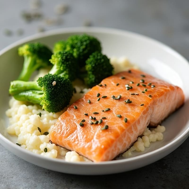 Seared Salmon Fillet with Steamed Broccoli and Garlic Cauliflower Mash