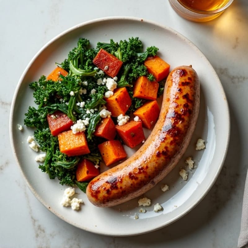 Chicken Sausage and Crispy Maple Roasted Sweet Potatoes with Sautéed Greens