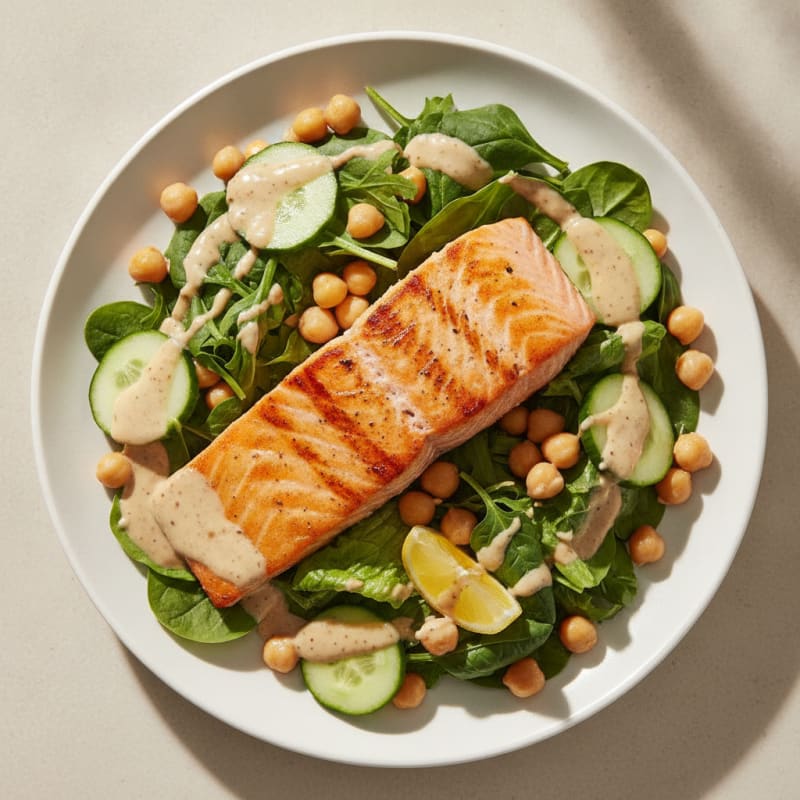 Grilled Salmon Salad with Chickpeas and Lemon-Tahini Dressing