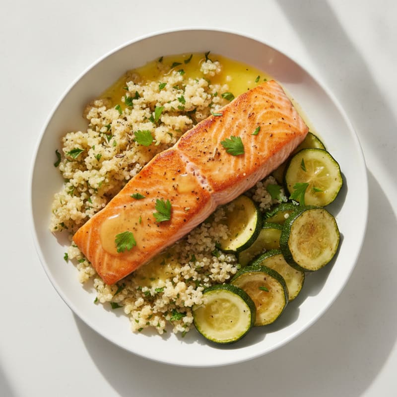 Seared Salmon with Herbed Quinoa and Roasted Zucchini