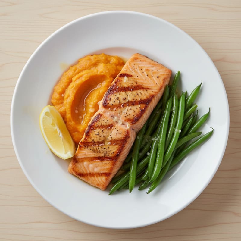 Pan-Seared Salmon with Steamed Green Beans and Sweet Potato Mash