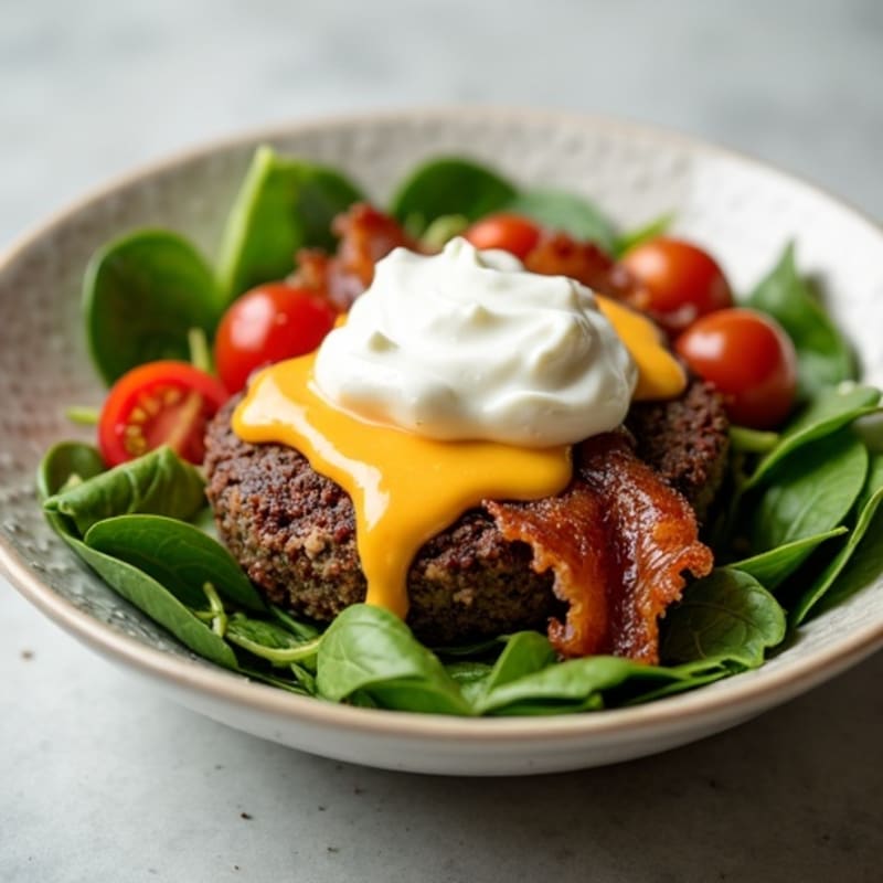 Lean Ground Beef Burger Bowl with Crispy Turkey Bacon and Creamy Cheese Sauce