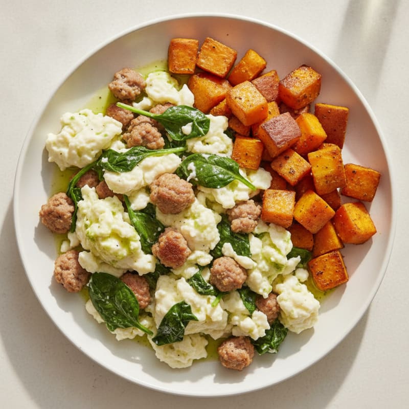 Egg White and Turkey Sausage Scramble with Spinach and Roasted Sweet Potato