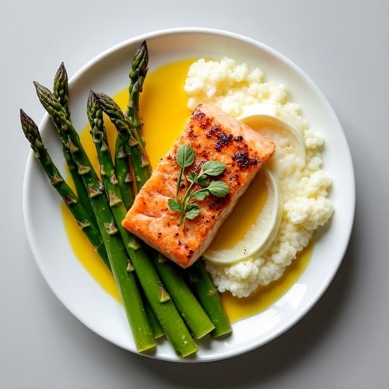 Seared Salmon with Roasted Asparagus and Cauliflower Mash