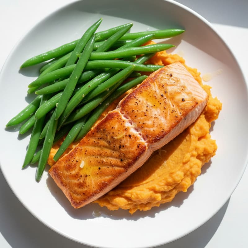 Seared Salmon with Steamed Green Beans and Mashed Sweet Potato