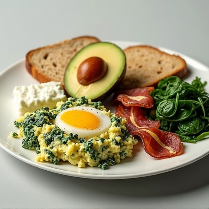 Egg White Spinach Scramble with Cottage Cheese and Turkey Bacon
