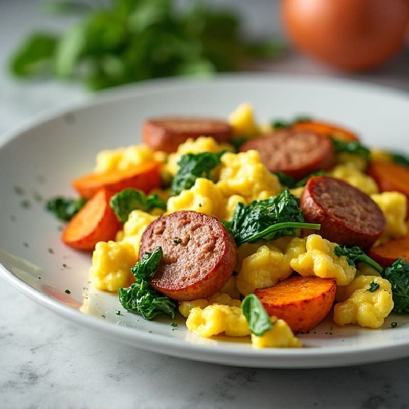 Egg White and Turkey Sausage Scramble with Spinach and Roasted Sweet Potatoes