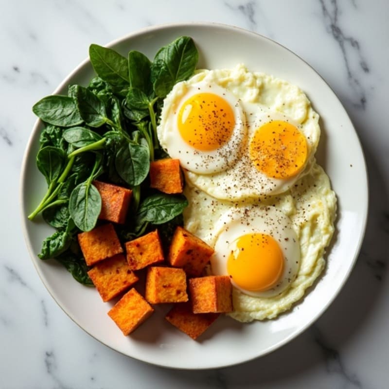 Fluffy Scrambled Eggs with Sautéed Greens and Sweet Potato Hash