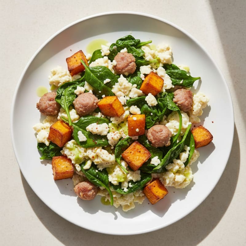 Egg White and Turkey Sausage Scramble with Spinach and Roasted Sweet Potatoes