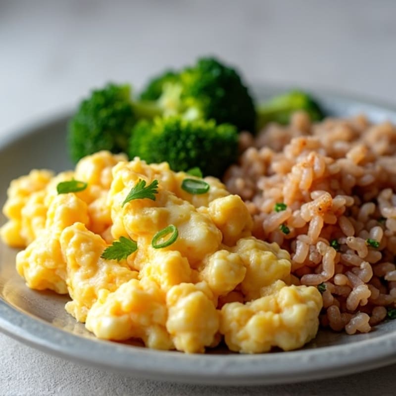 Egg White Scramble with Turkey Sausage, Steamed Broccoli & Brown Rice